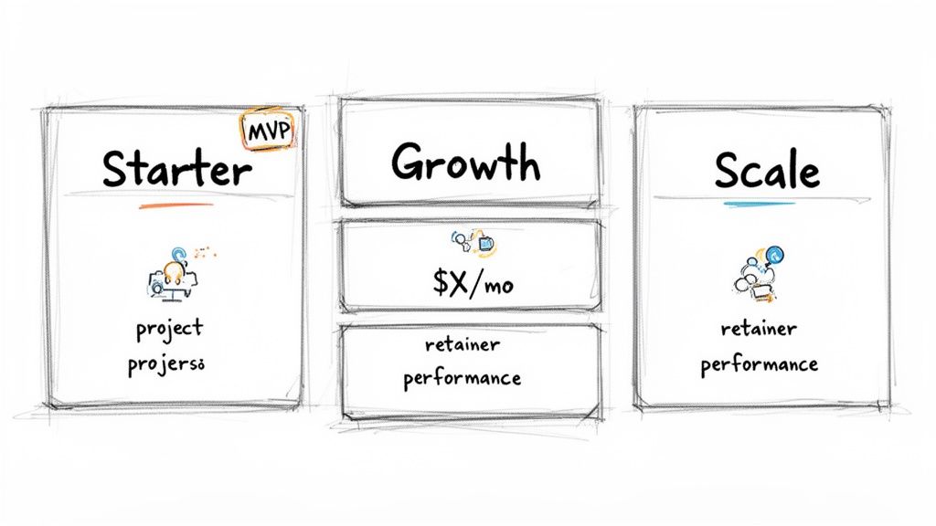 Three stages of business growth: Starter (MVP, project), Growth ($X/mo, retainer), and Scale (retainer performance).