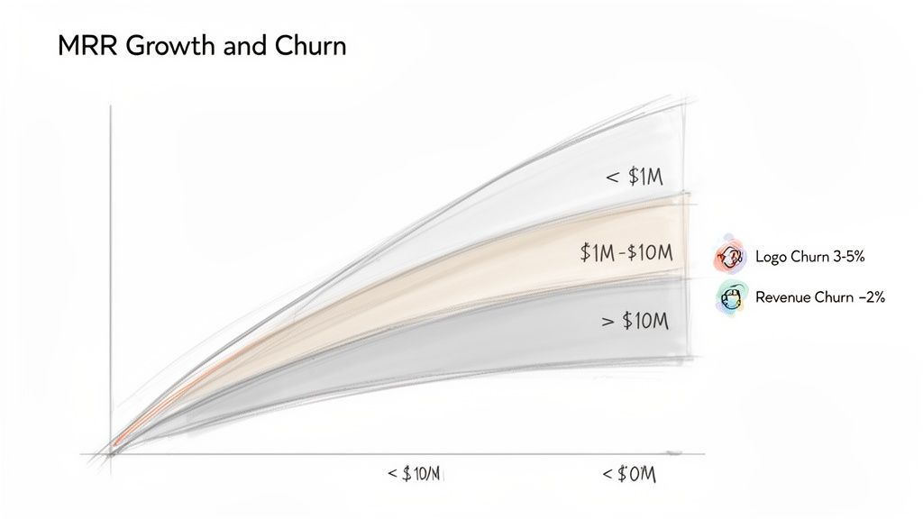 Graph showing MRR growth segmentation by company size with associated logo and revenue churn rates.