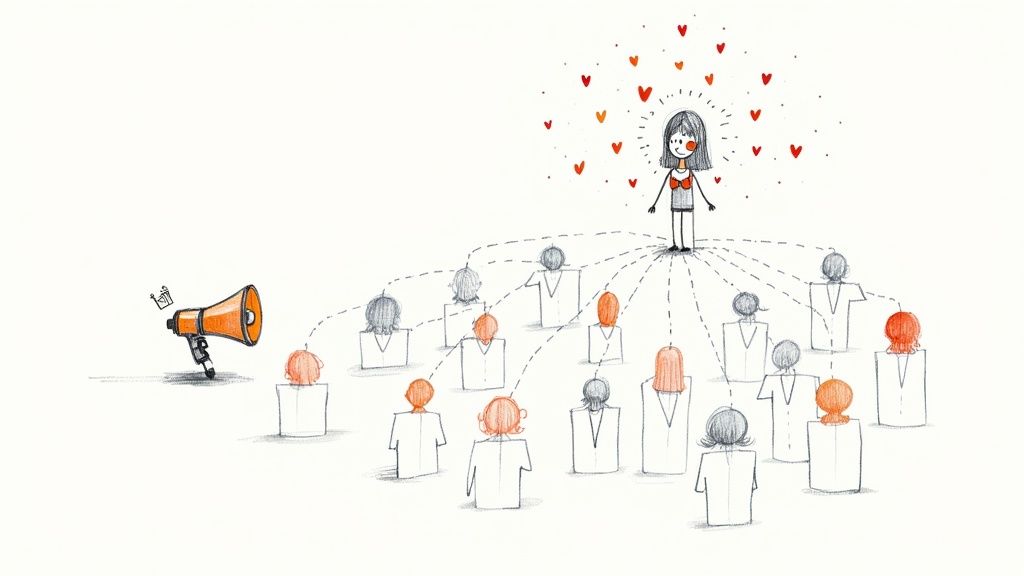 A person on a laptop surrounded by social media and influencer icons, representing community building for a marketing digital startup