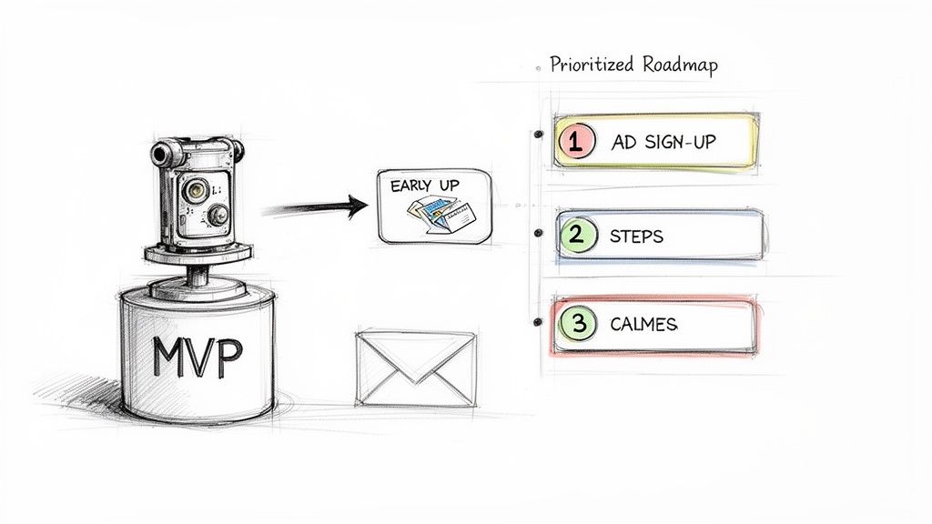 Sketch of an MVP leading to an 'Early Up' phase and a prioritized roadmap with 'Ad Sign-up' steps.