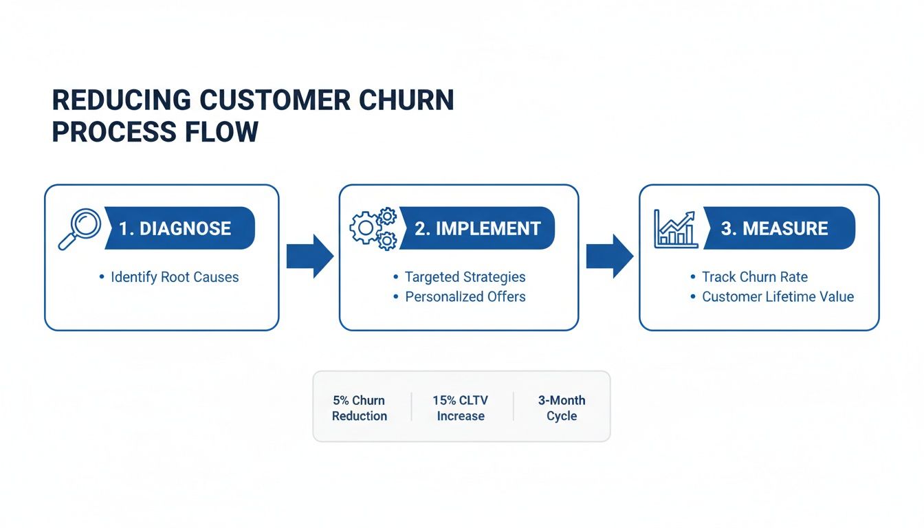A process flow diagram showing three steps to reduce customer churn: diagnose, implement, and measure, with key outcomes.