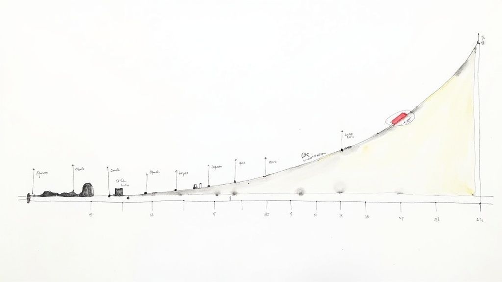 A graph showing an upward trend with a calendar icon, symbolizing the prediction of optimal exit timing.