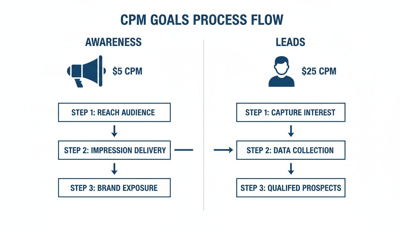 A CPM goals process flow diagram showing two paths: awareness ($5 CPM) and leads ($25 CPM).