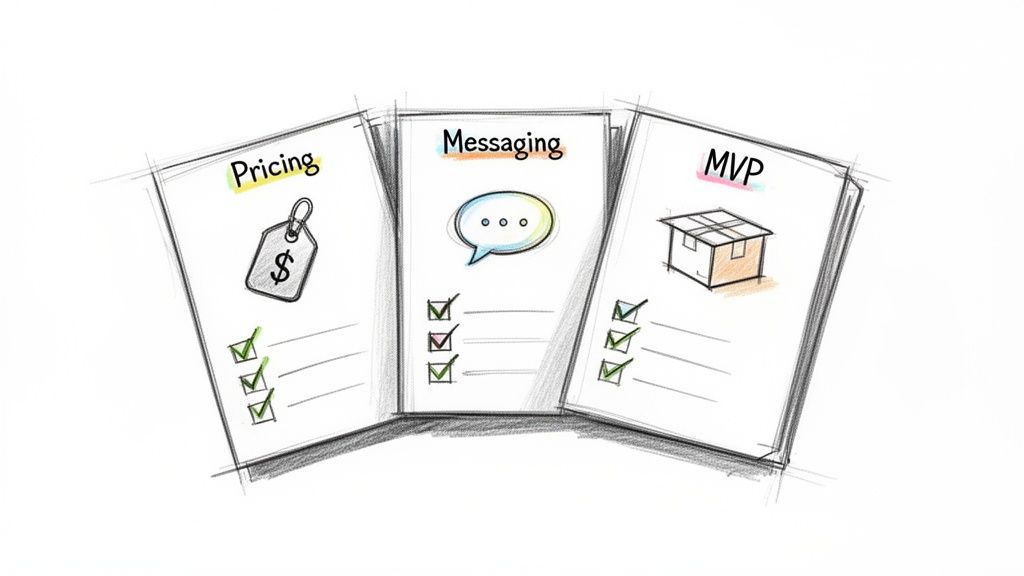 Three sketched documents outlining Pricing, Messaging, and MVP strategies with checklists for business planning.