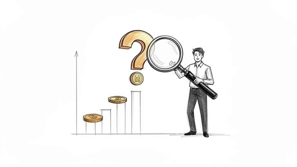 Illustration of a man with a magnifying glass examining a financial bar graph, coins, and a question mark.