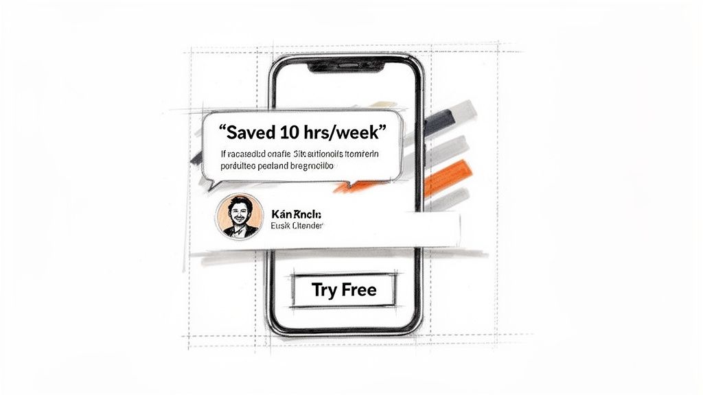A hand-drawn sketch of a smartphone displaying a 'Saved 10 hrs/week' testimonial and a 'Try Free' button.