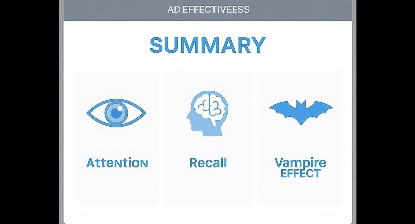 Infographic about nudity in advertising showing icons for attention, recall, and the vampire effect