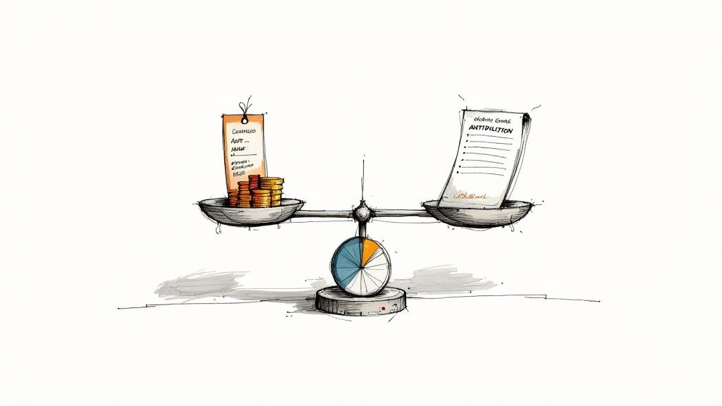 A balancing scale with a dollar sign on one side and a document on the other, symbolizing the trade-off between valuation and deal terms.