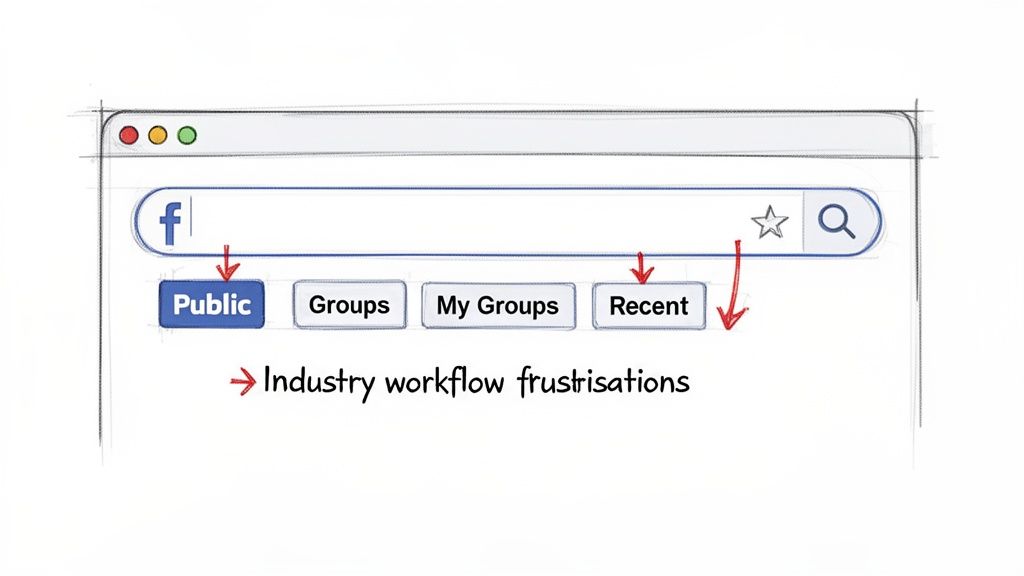 Sketch of Facebook search interface showing Public, Groups, My Groups, Recent filters, highlighting workflow frustrations.