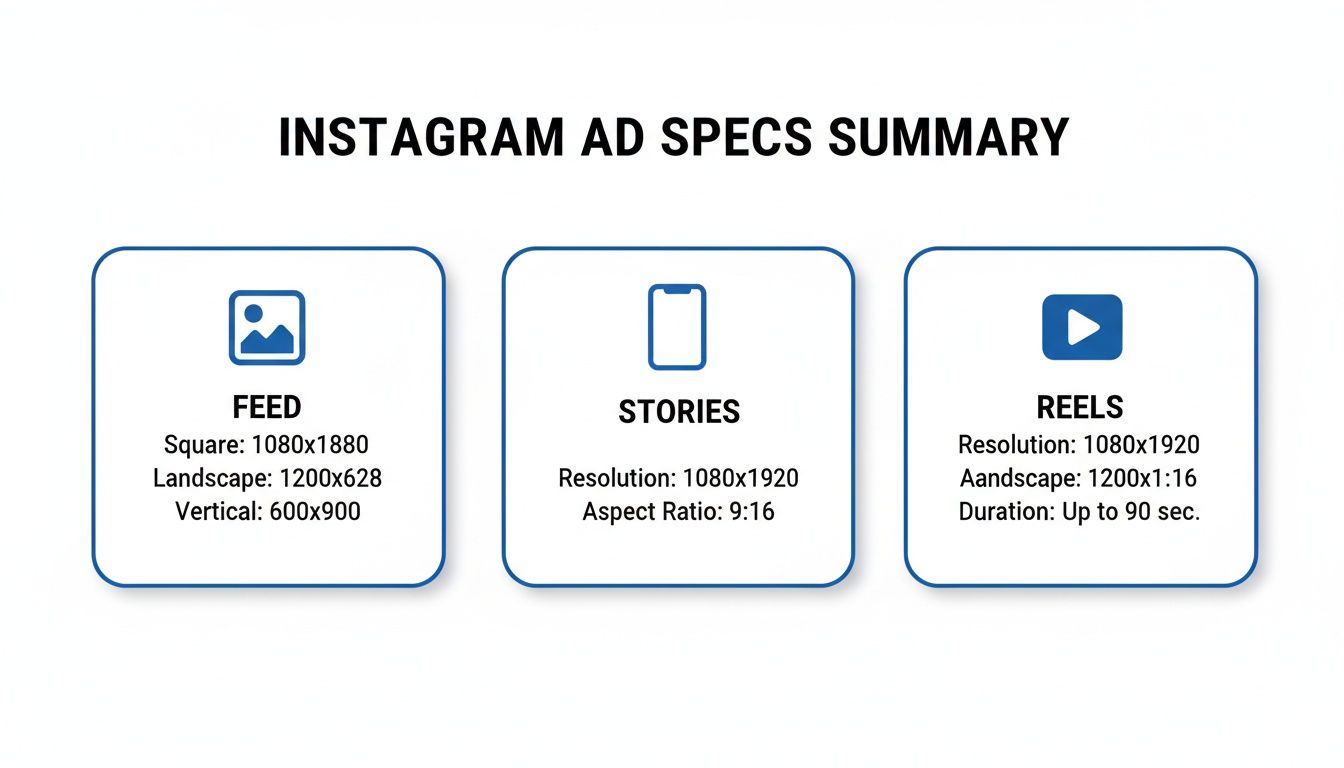 Instagram Ad Specs Summary displaying recommended dimensions and durations for Feed, Stories, and Reels.