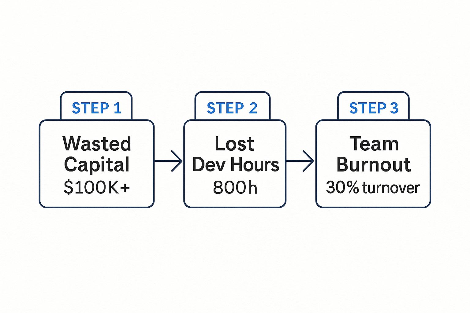 Infographic showing a process flow of wasted resources: Step 1 “Wasted Capital ($100K+)”, Step 2 “Lost Dev Hours (800h)”, Step 3 “Team Burnout (30% turnover)”.