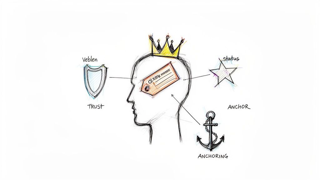 A sketch illustrating prestige pricing with a crowned head, price tag, and symbols for Veblen, trust, status, and anchoring.