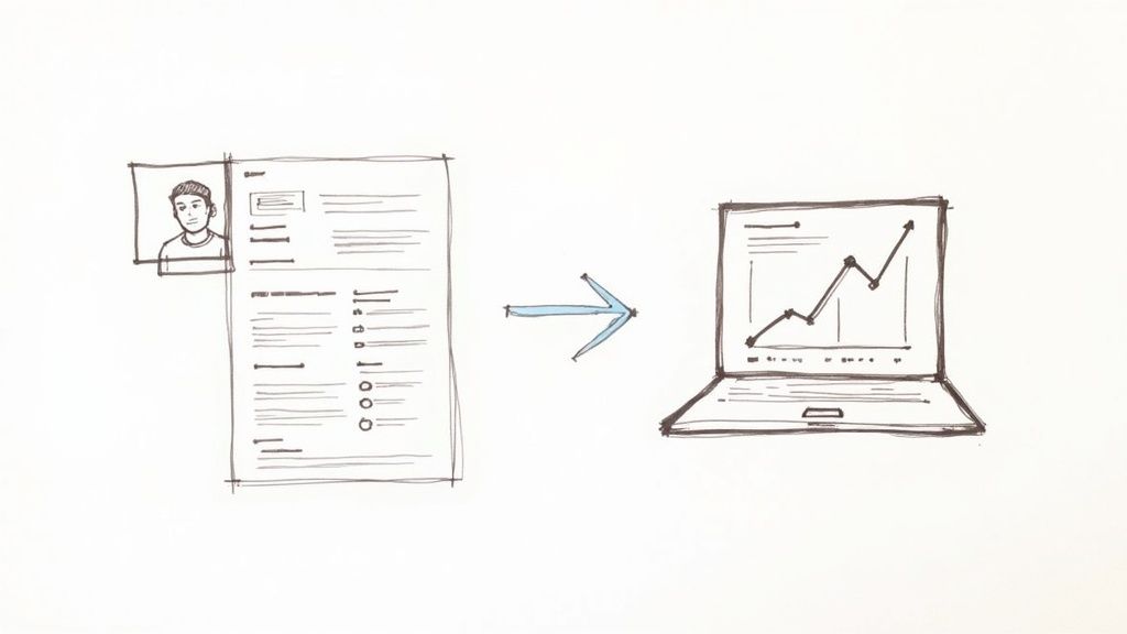 A team collaborating around a whiteboard, translating data points into a user persona.