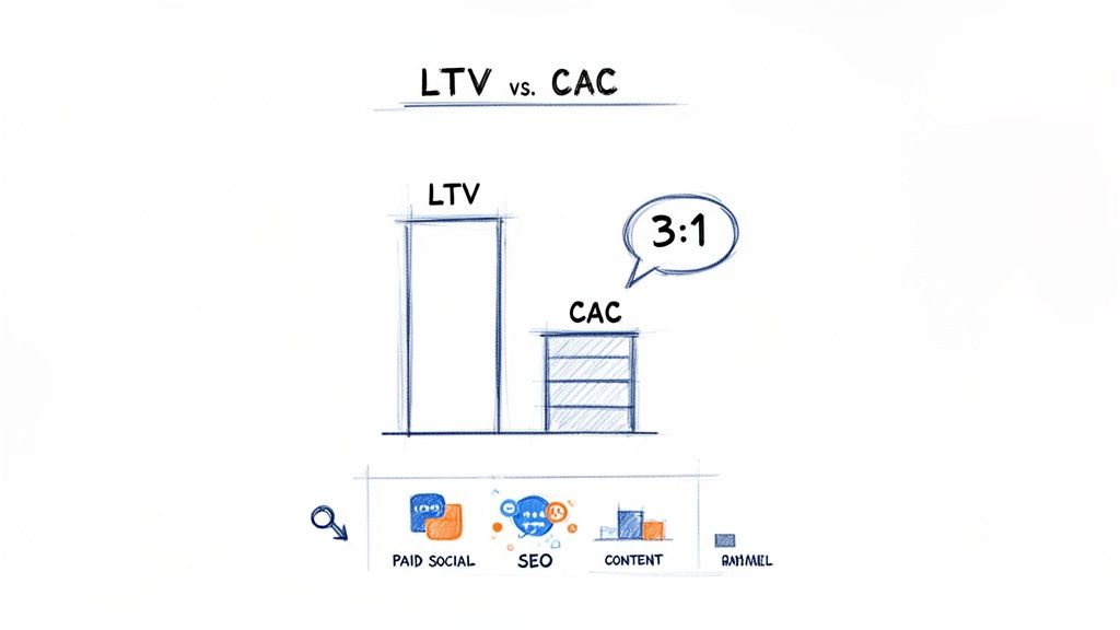 A whiteboard sketch comparing LTV vs. CAC, showing a 3:1 ratio, with various marketing channels below.