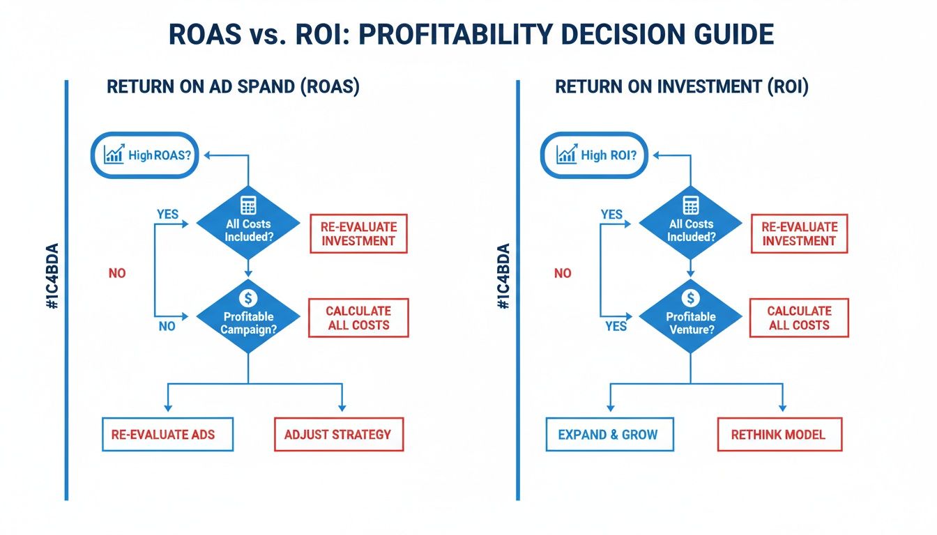 Flowchart guiding profitability decisions by comparing Return on Ad Spend (ROAS) and Return on Investment (ROI).