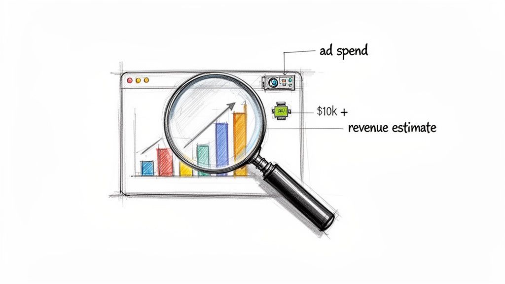 Hand-drawn sketch: browser window with bar chart, magnifying glass, ad spend, and revenue estimate.