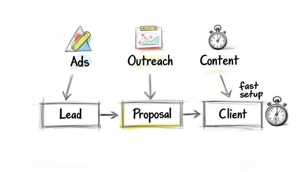 Flowchart illustrating a digital marketing client acquisition process: Ads, Outreach, Content to Lead, Proposal, Client.