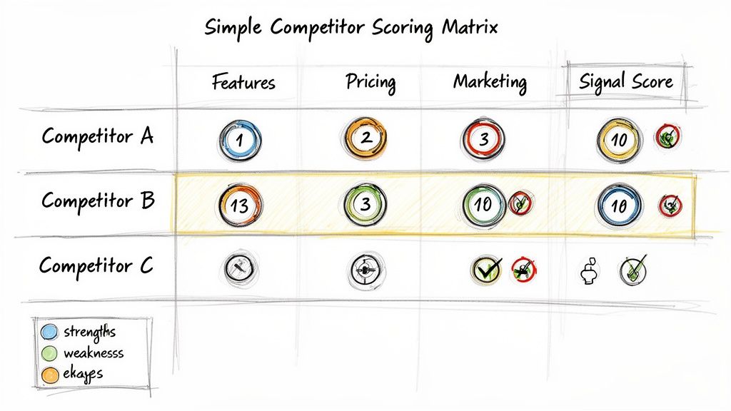 A competitor scoring matrix showing features, pricing, marketing, and signal scores for three competitors.