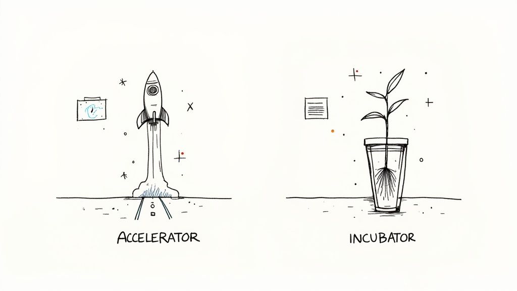 A blueprint for a startup idea on a desk with coffee and a laptop.