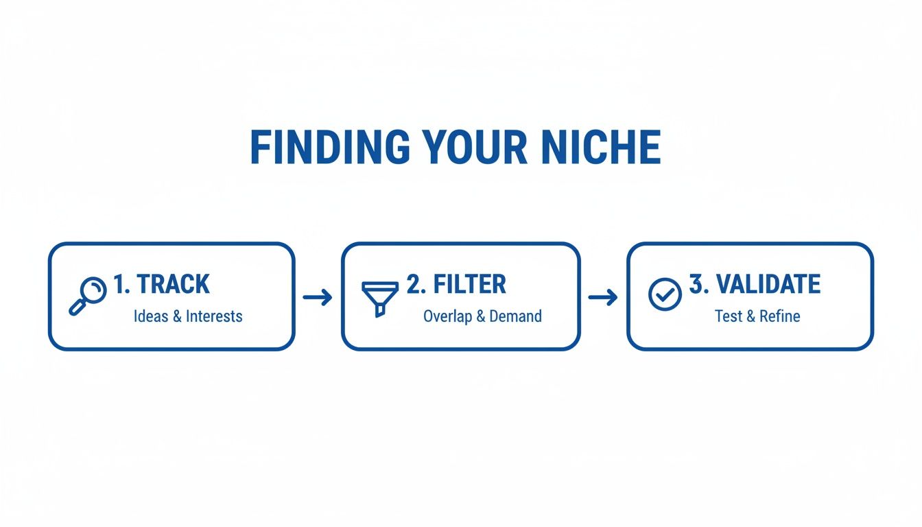 A three-step process flow diagram illustrating how to find your niche: Track, Filter, and Validate.