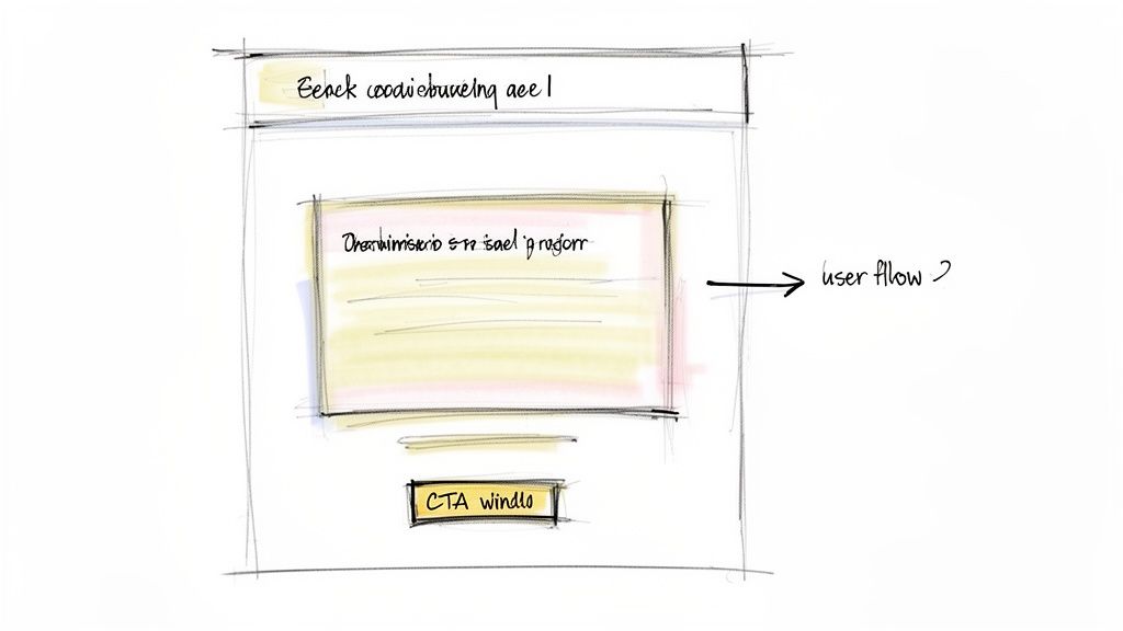 Hand-drawn sketch of a user interface wireframe showing content, a CTA button, and a user flow arrow.
