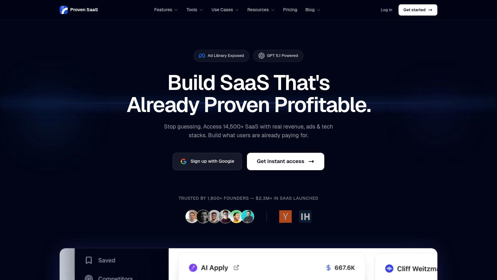 Proven SaaS homepage showing its interface for competitive intelligence tools