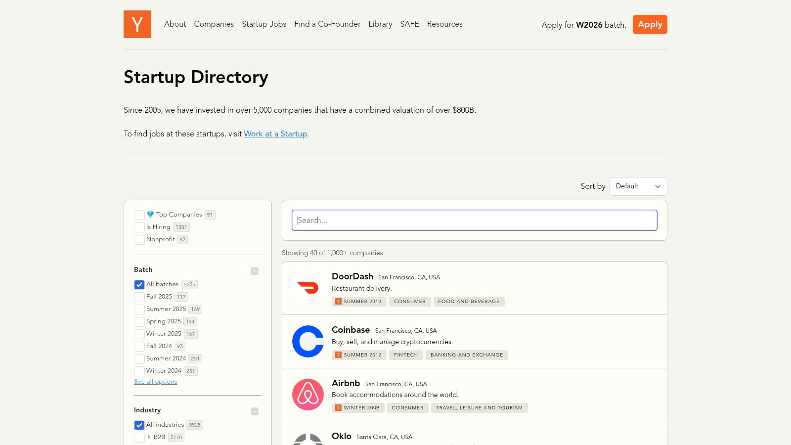 Y Combinator Startup Directory