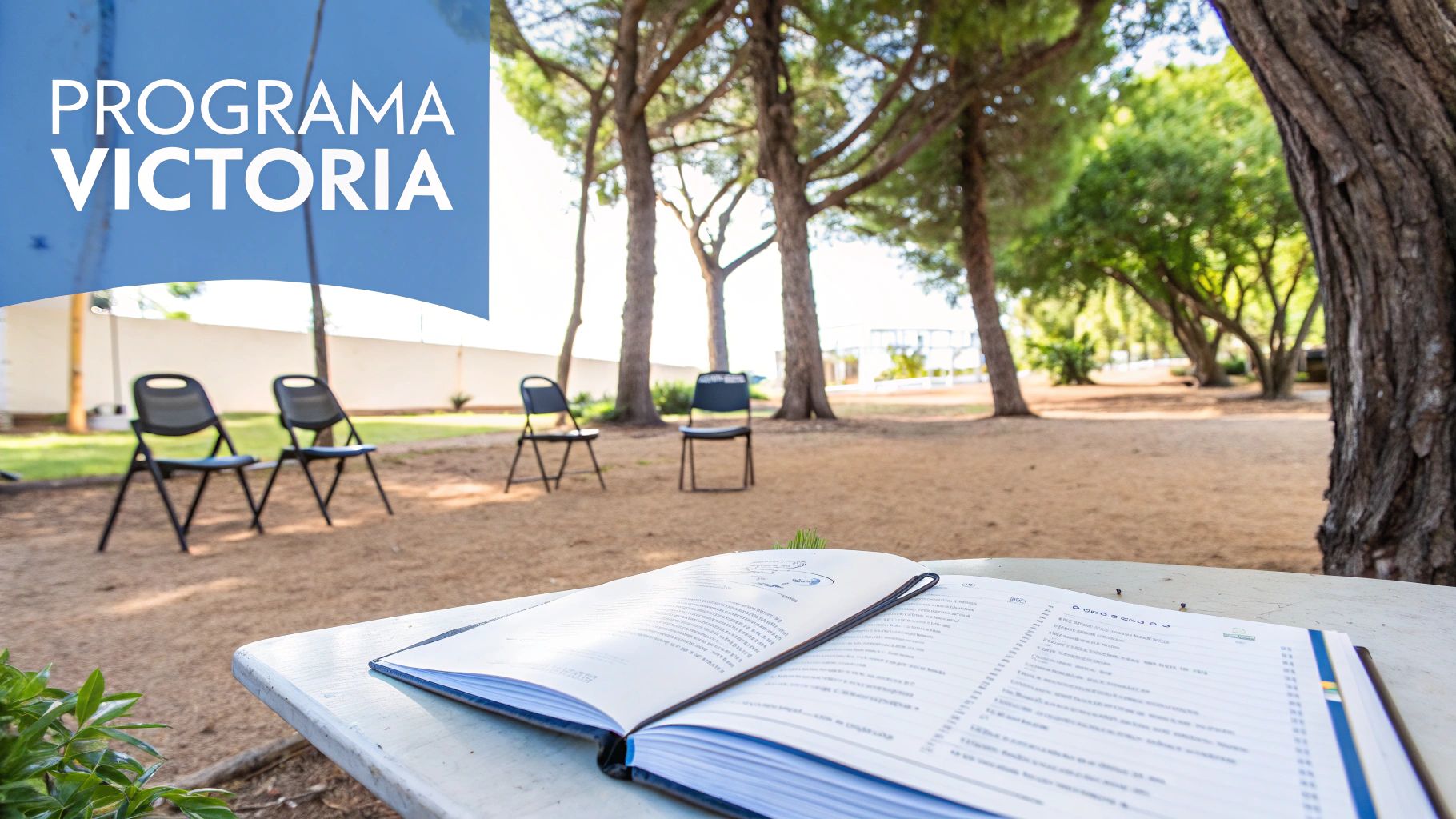 Espacio al aire libre para terapia de grupo con sillas, libro abierto y letrero Programa Victoria.