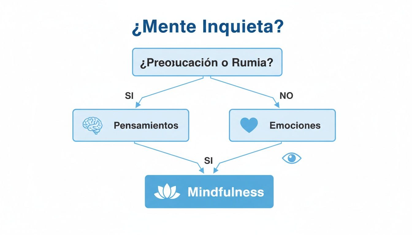 Diagrama de flujo sobre cómo abordar la mente inquieta, distinguiendo entre pensamientos y emociones, y la práctica de mindfulness.