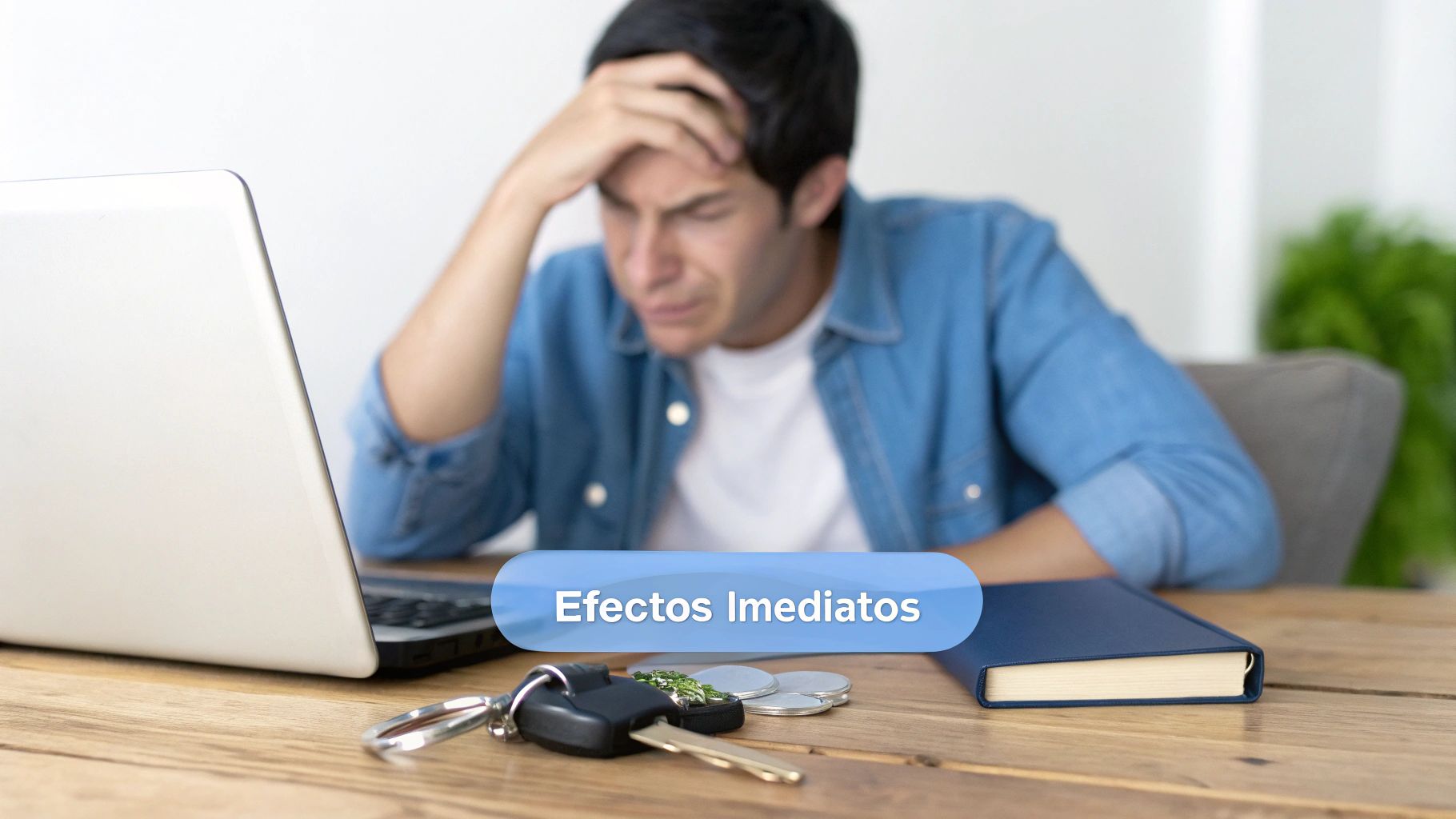 Hombre estresado en un escritorio con un portátil, llaves y un libro, con un letrero de 'Efectos Inmediatos'.