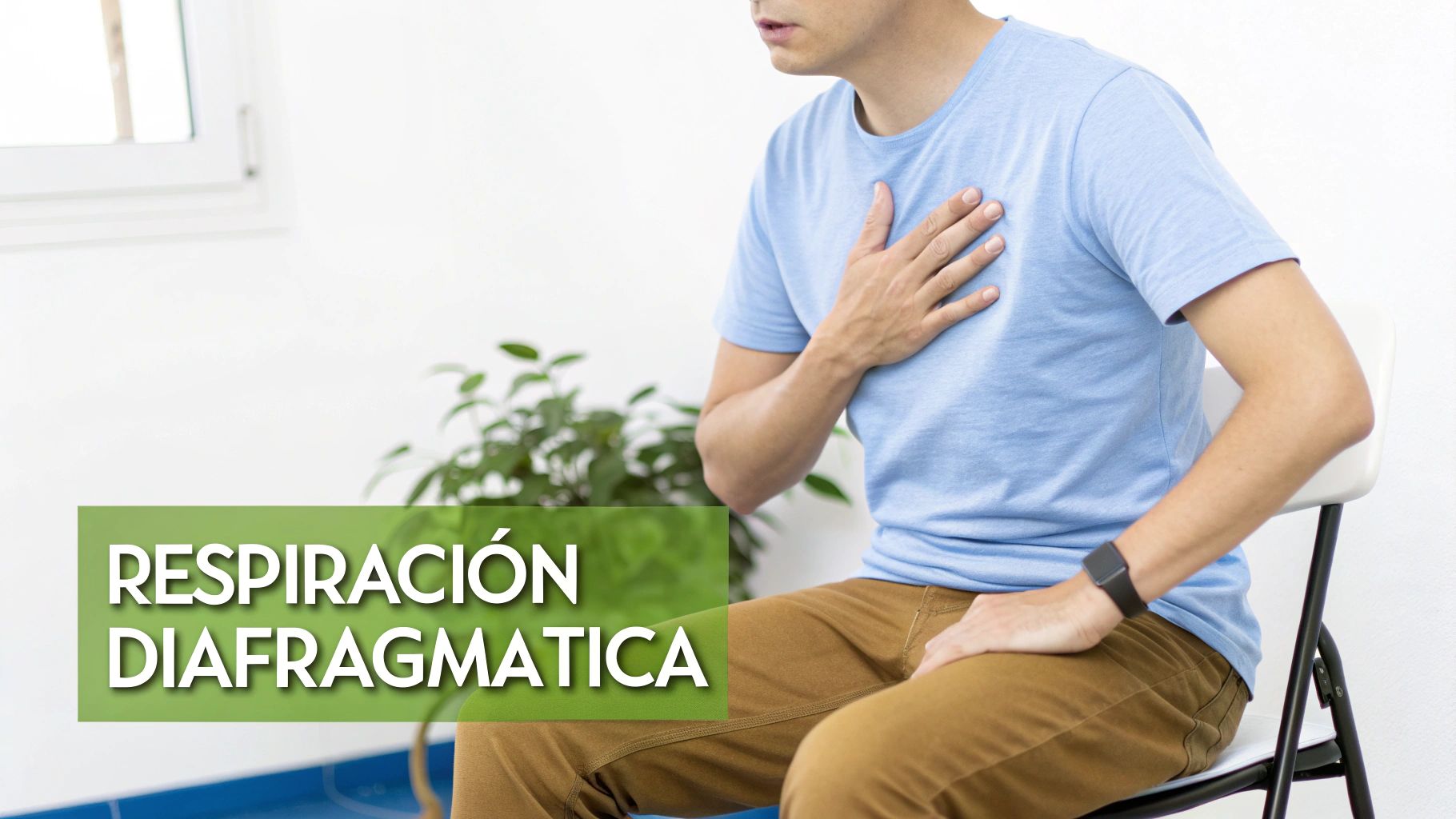 Hombre sentado con la mano en el pecho, practicando respiración diafragmática para la relajación.