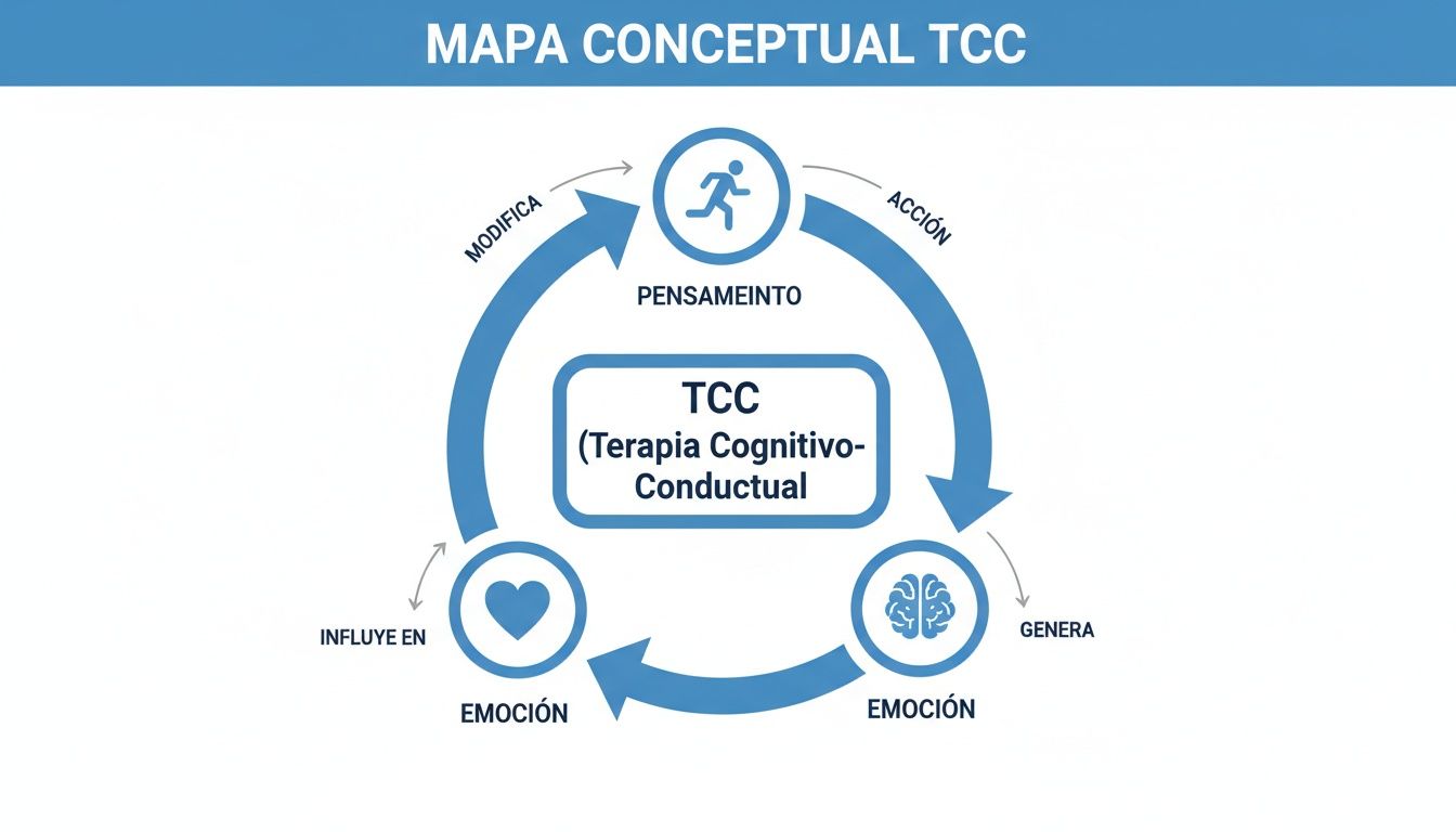 Mapa conceptual de TCC que ilustra el ciclo de pensamiento, acción y emoción en la terapia cognitivo-conductual.