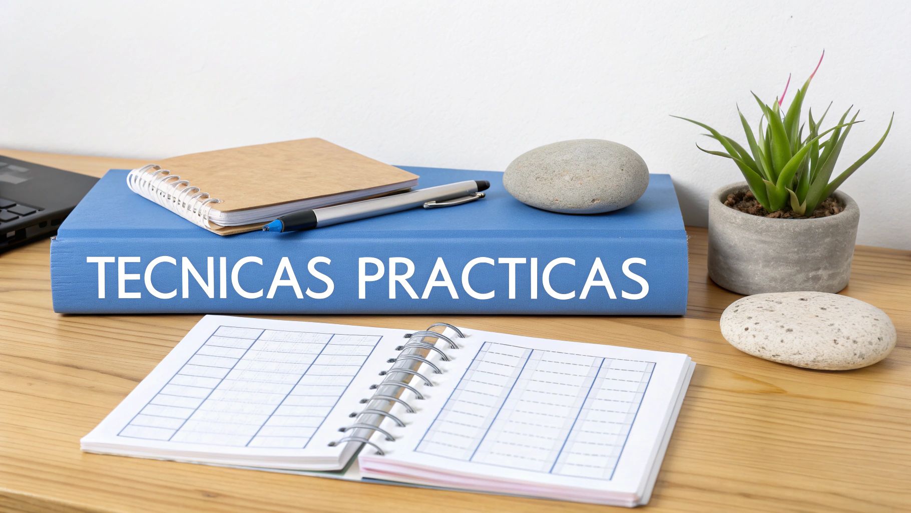 Un escritorio con un libro azul que dice 'Técnicas Prácticas', un cuaderno, un bolígrafo y una planta.