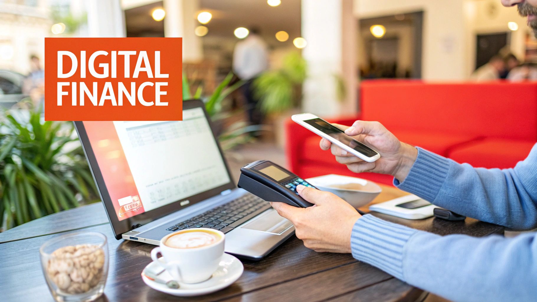 A person using a mobile phone for a FinTech transaction, with digital icons representing financial services floating around the device.