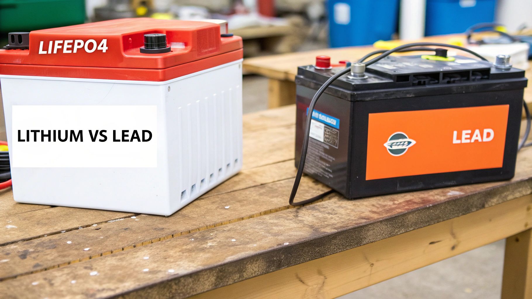 A side-by-side comparison of a modern, sleek lithium-ion solar battery and a traditional lead-acid battery.