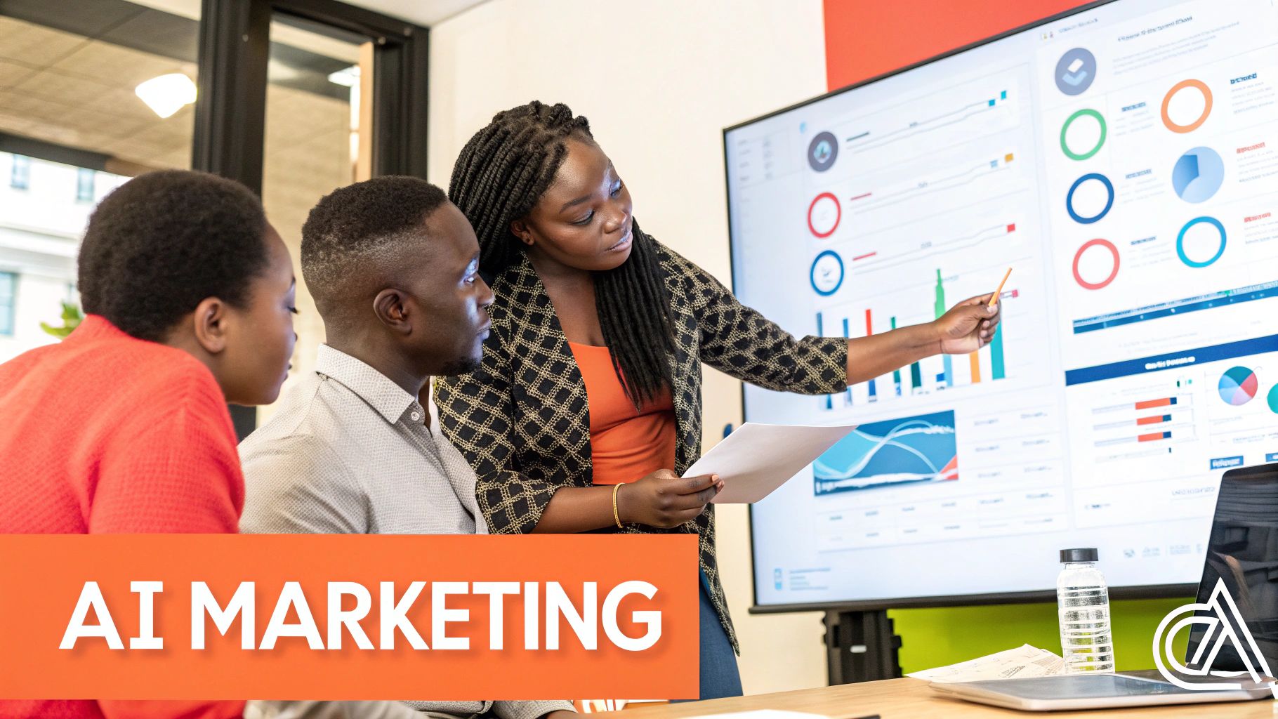 A Nigerian marketing team collaborating in a modern office, using a large screen to analyse AI-driven campaign data.