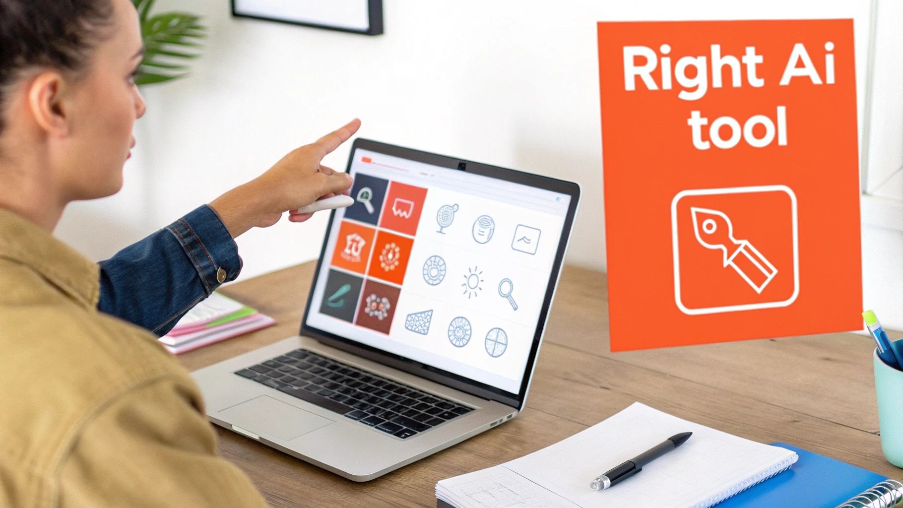 Person pointing at a laptop screen displaying various AI tool icons, next to an orange 'Right Ai tool' sign.