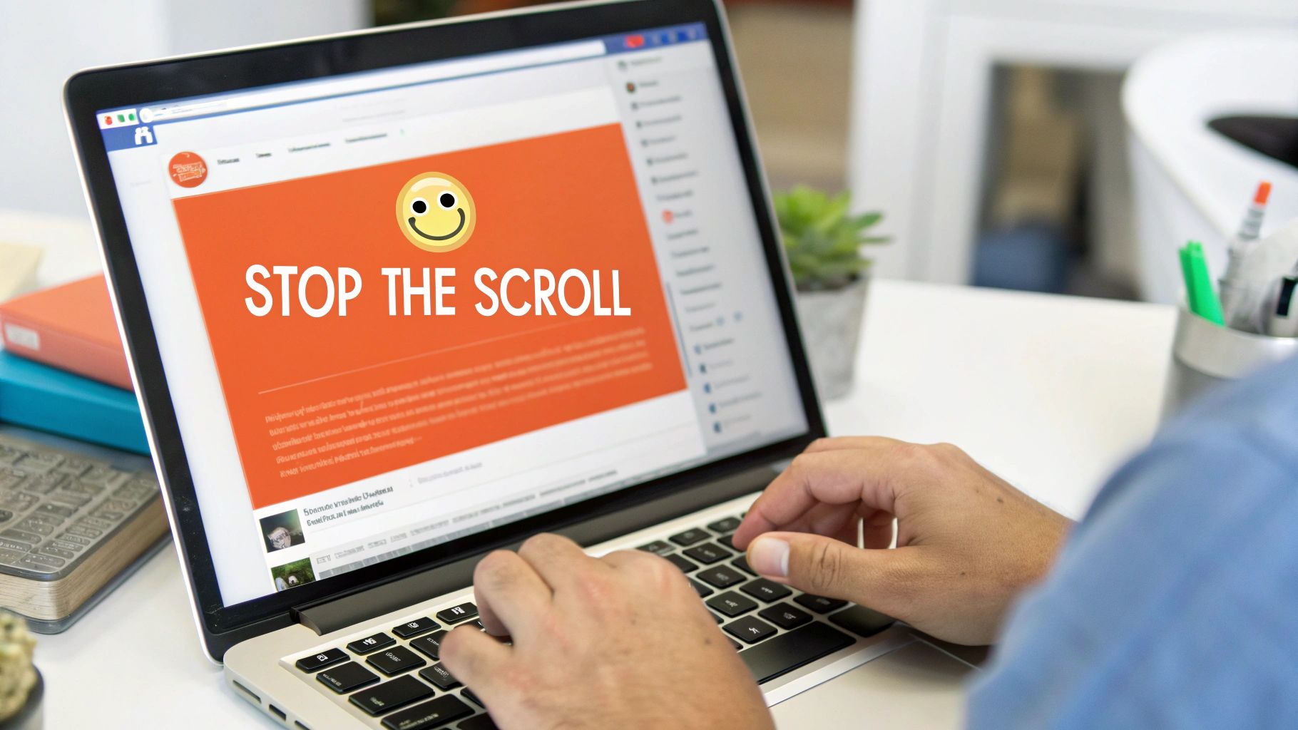 A designer working on a clean, modern visual layout for a Facebook post on a computer.