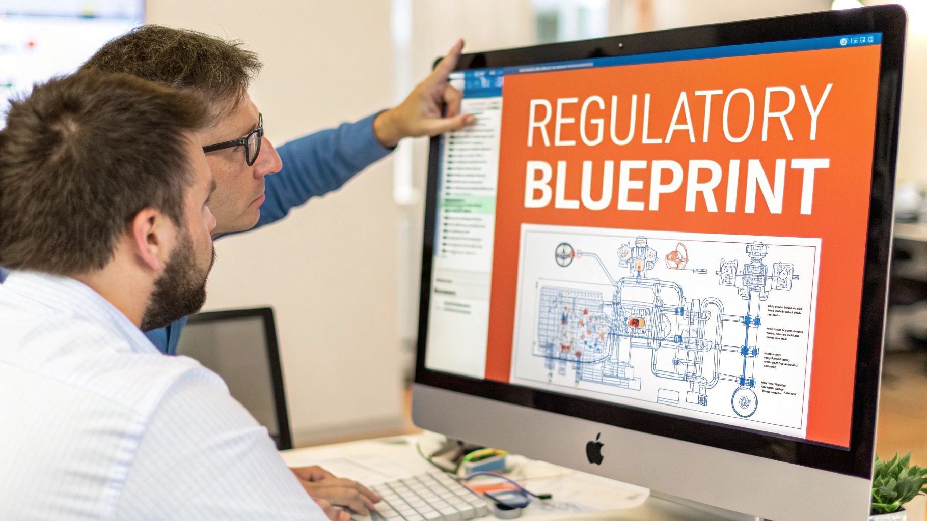 Two professionals analyze a complex "REGULATORY BLUEPRINT" on a large computer monitor.