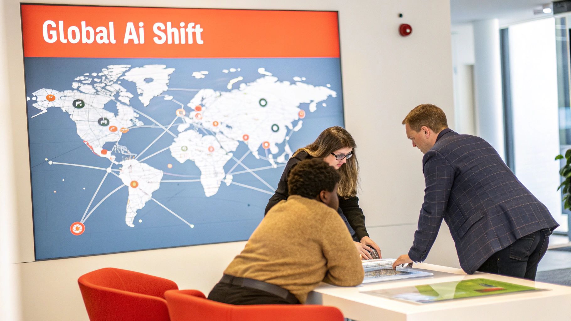 Three colleagues collaborate on AI innovation in an office, with a large "Global AI Shift" world map display.