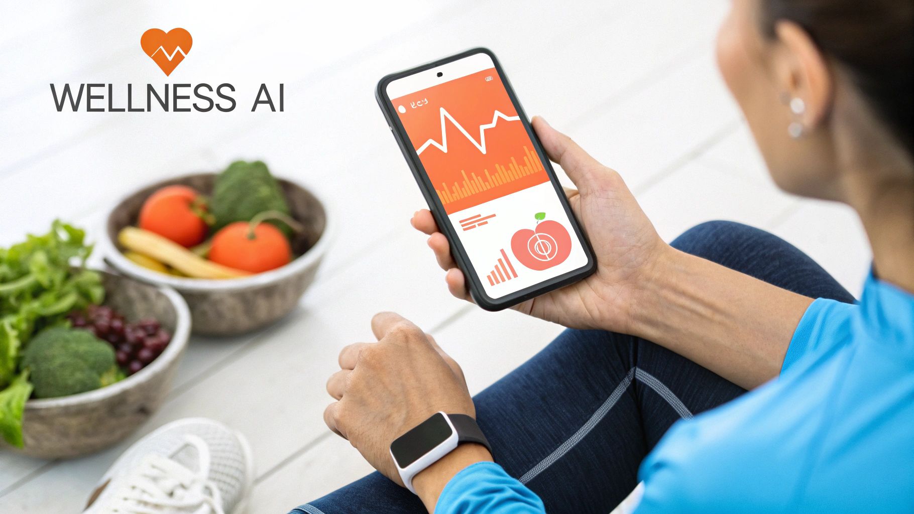A person is looking at a smartwatch displaying health metrics, with a soft-focus background of a peaceful natural environment.