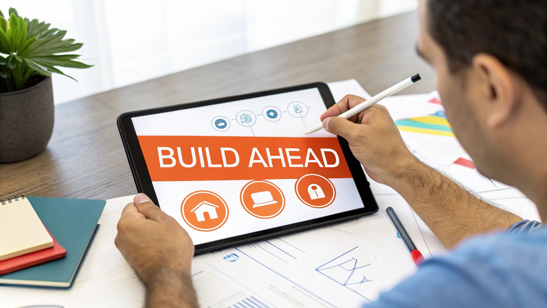 A person uses a stylus on a tablet displaying 'BUILD AHEAD' and various icons.