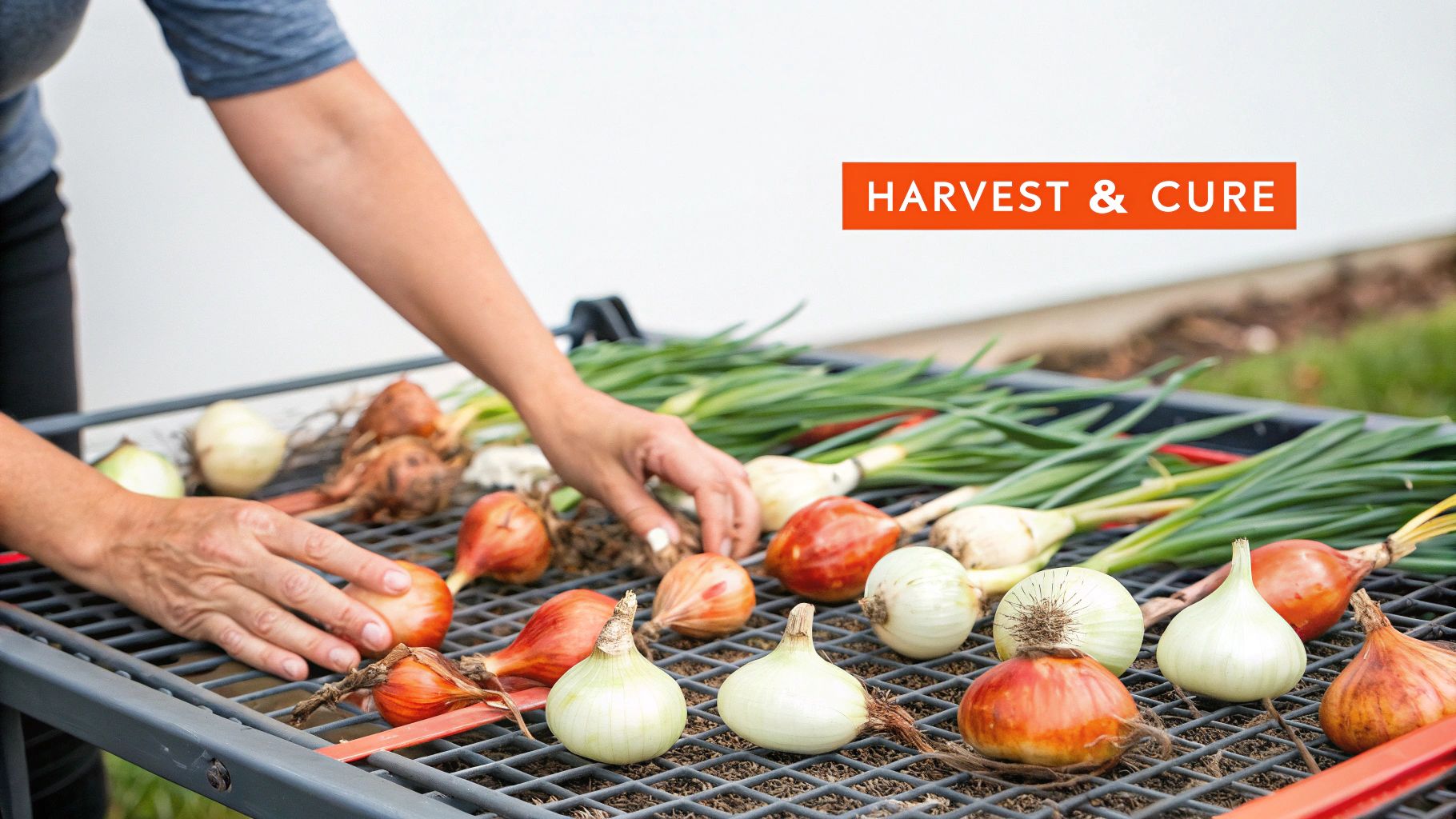 A collection of freshly harvested onions with long green tops, laid out on a wooden surface to dry.