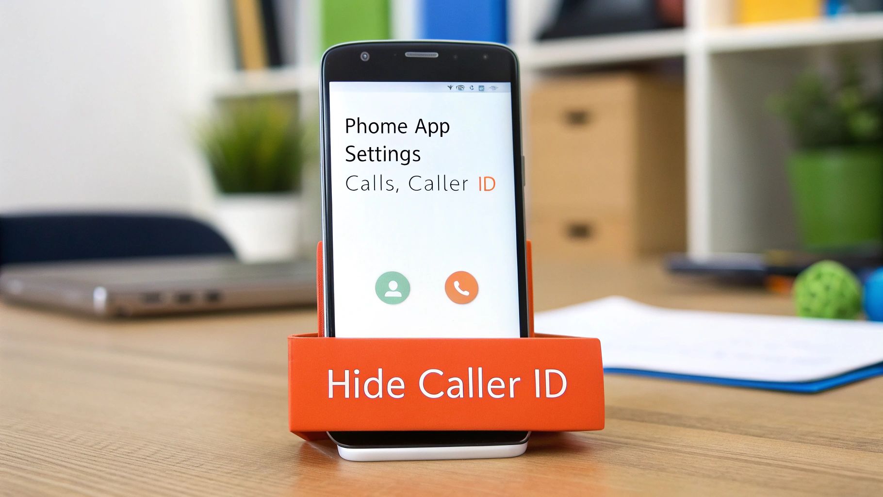 A smartphone displaying the call settings menu with an option for Caller ID highlighted.