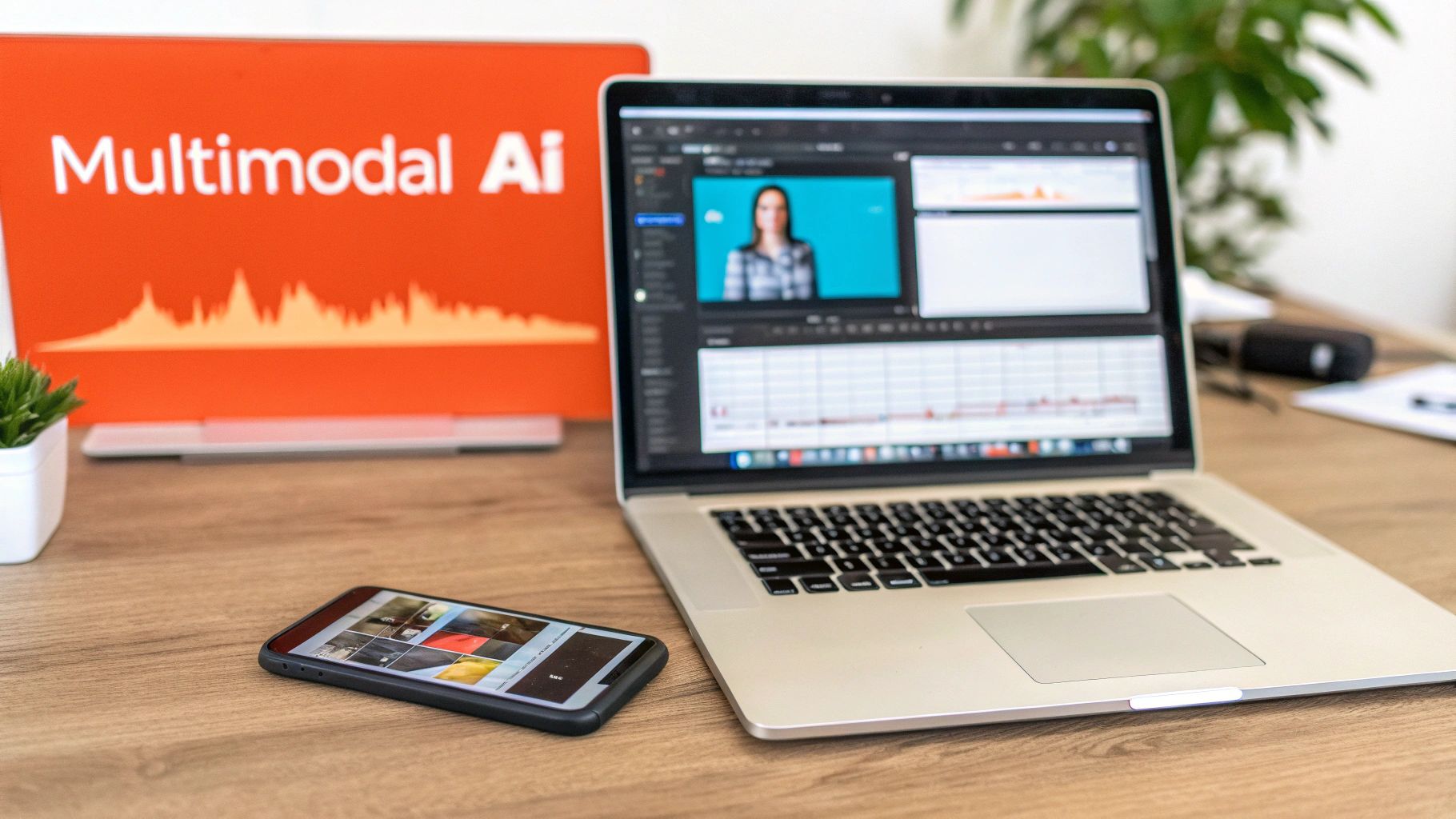 A desk with a laptop, a smartphone, and a monitor displaying 'Multimodal AI'.