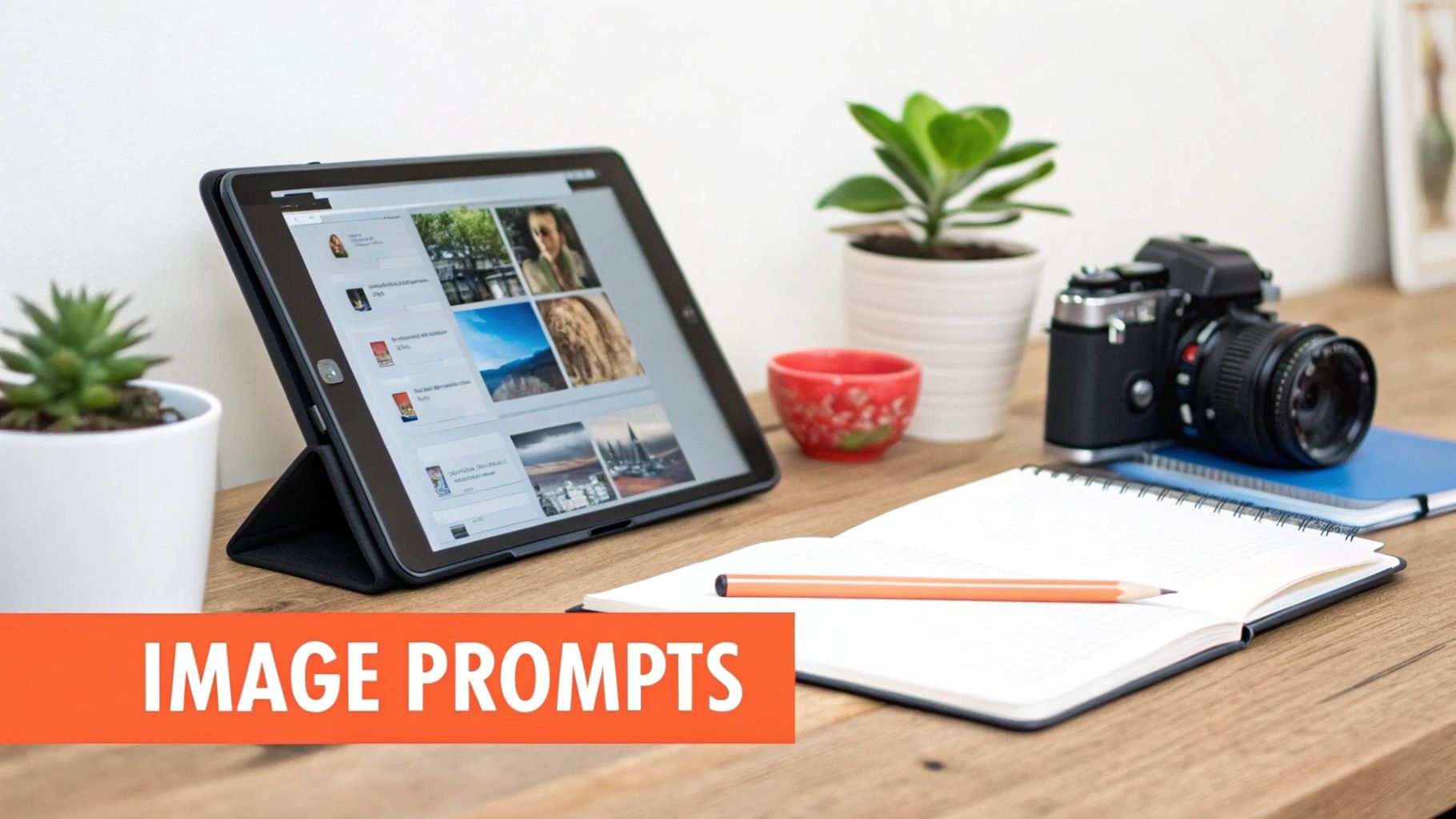 A creative workspace featuring a tablet displaying photos, a vintage camera, an open notebook, and plants on a wooden desk.