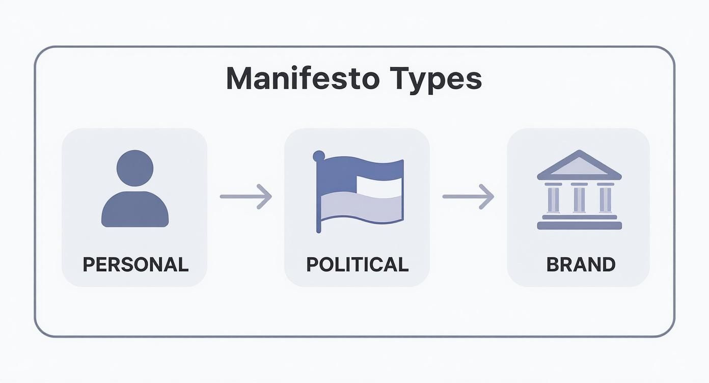 Infographic showing the three main types of manifestos Personal, Political, and Brand, each with a corresponding icon.