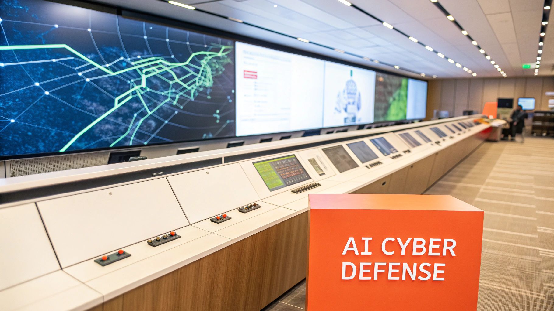 A modern control room with a long console, large screens displaying network maps, and an 'AI CYBER DEFENSE' sign.