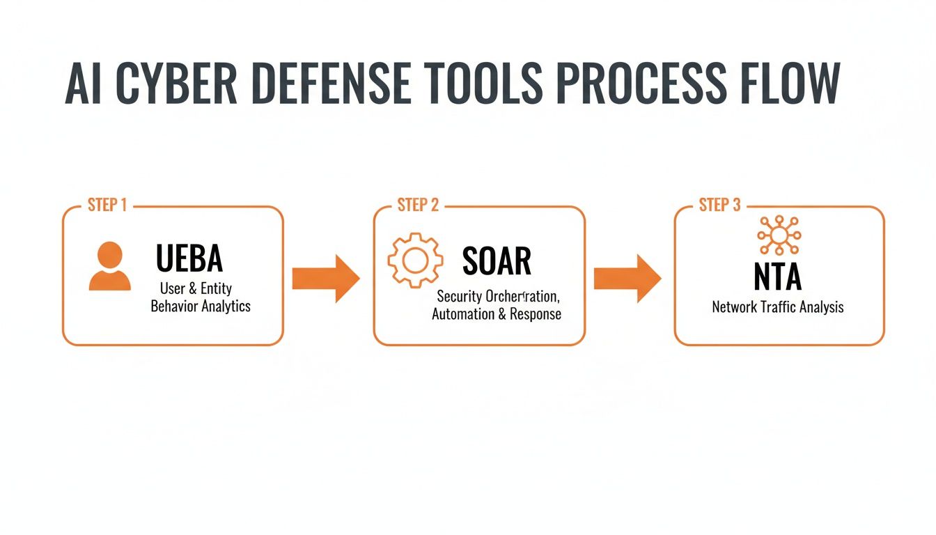 A flow chart illustrating the AI cyber defense tools process, including UEBA, SOAR, and NTA.