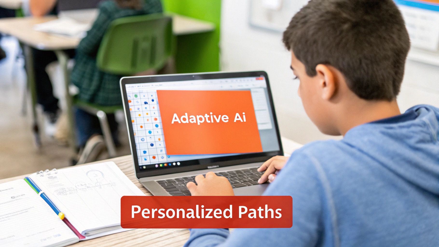 An animated graphic showing a central AI brain branching out to individual student profiles, each with a unique learning path illustrated by different icons and progress bars.